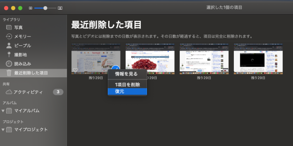 最近削除した写真の回復オプション