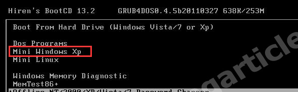 Mini Windows XPを起動するオプションを選択します