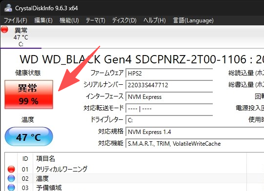 CrystalDiskInfoで健康状態が低下している