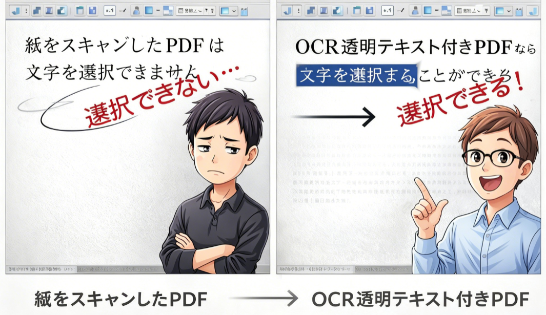 選択不可のスキャン済みPDFテキストと選択可能なネイティブPDFテキストの並べて比較