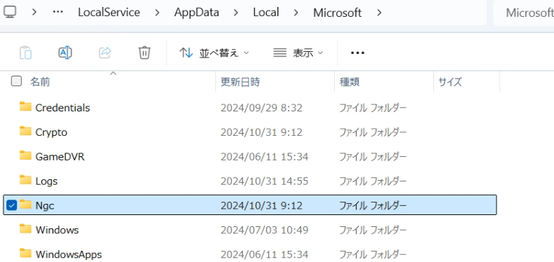 Microsoftディレクトリ内のNGCフォルダーを表示するエクスプローラー